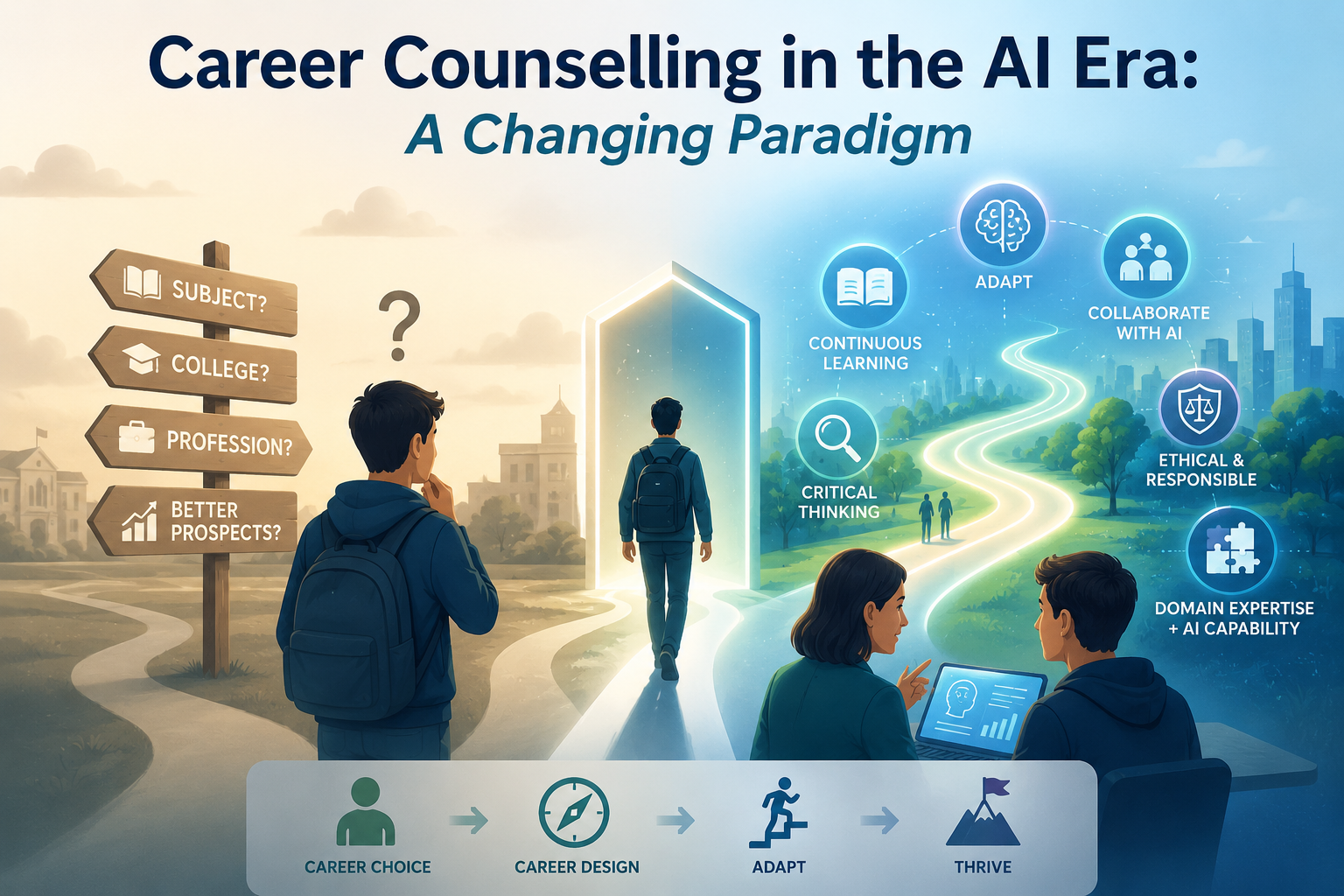 Illustration showing the evolution of career counselling from traditional career choice to AI-enabled career design through continuous learning, human-AI collaboration, and lifelong adaptability.