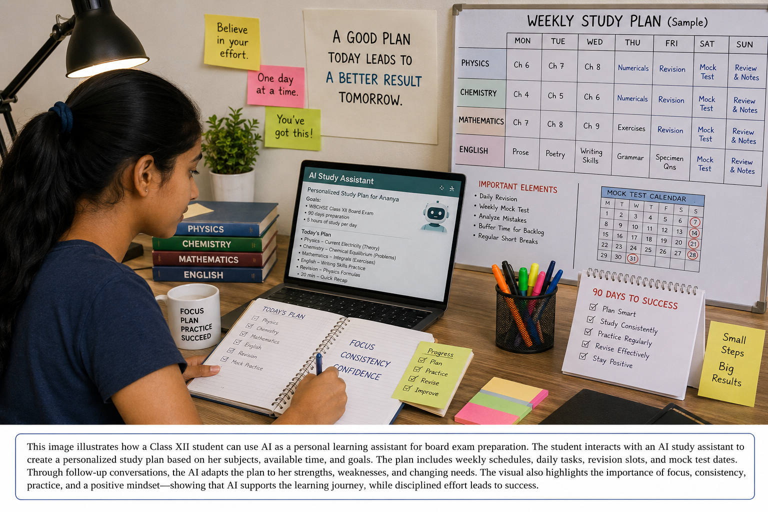 AI as a Personalized Learning Companion for Board Examination Preparation. Class XII student using an AI assistant to create a personalized Board examination study plan with customized scheduling, revision, concept learning, practice questions, and progress tracking.